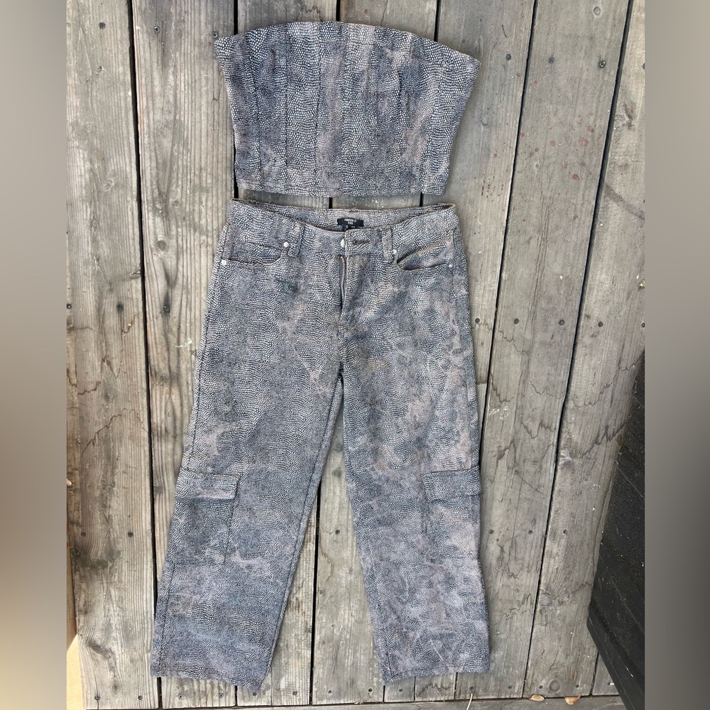 Gray Denim Two-Piece Set y2k style raised embossed dot sparkle fabric cargo